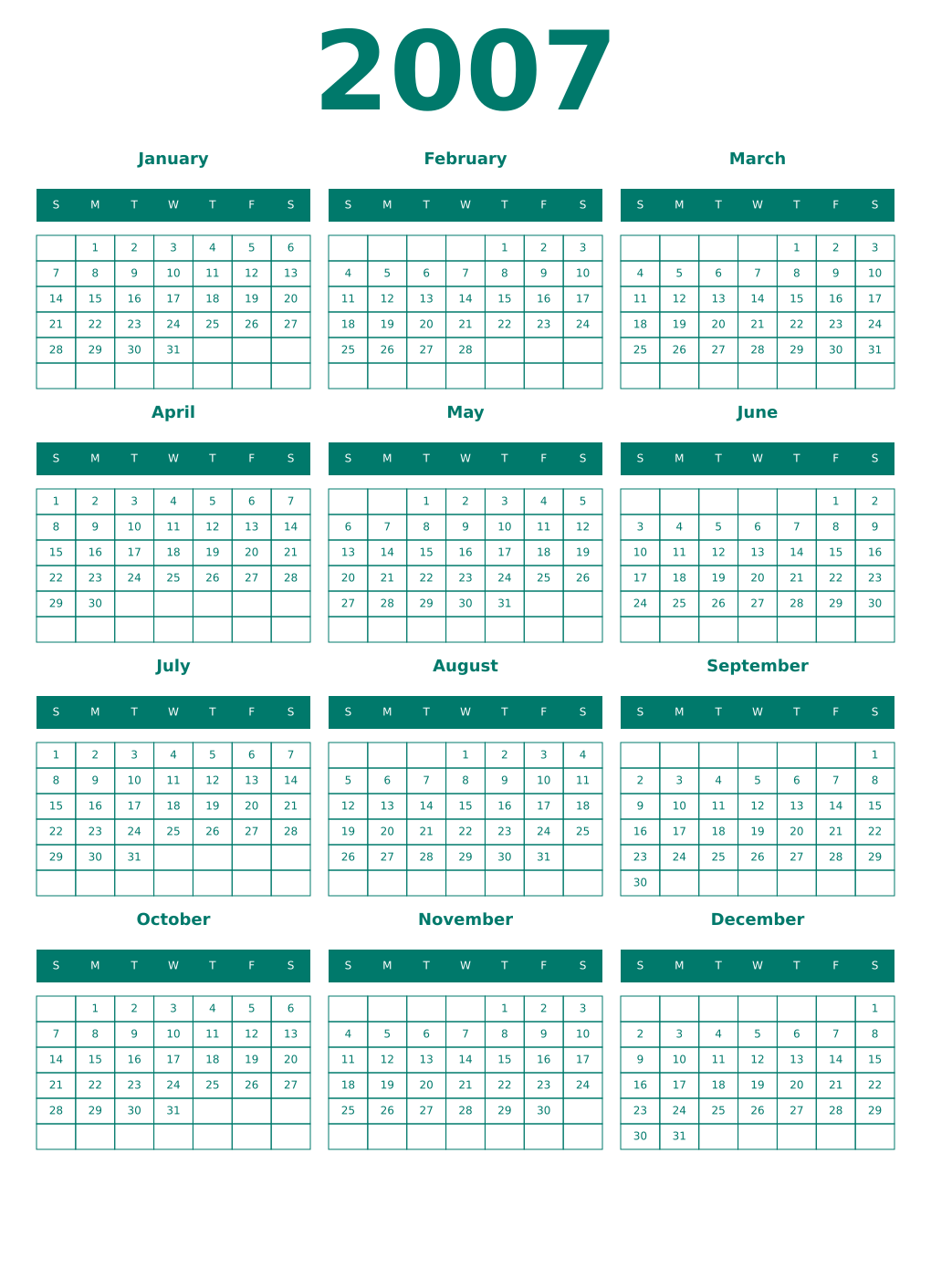 Printable 2007 Year Calendars pastel