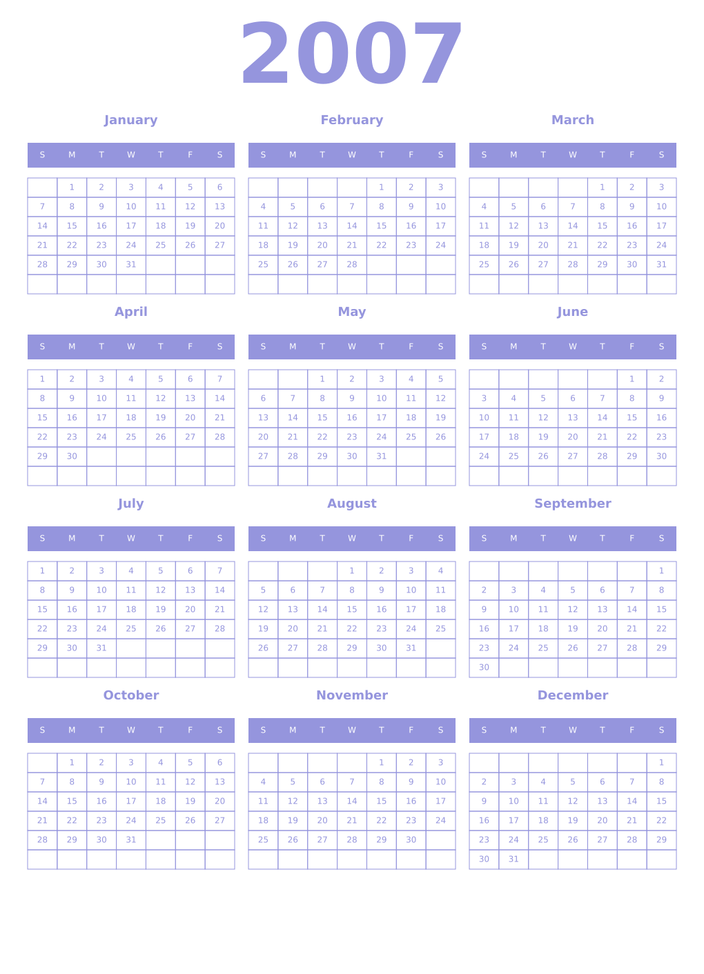 Printable 2007 Year Calendars periwinkle