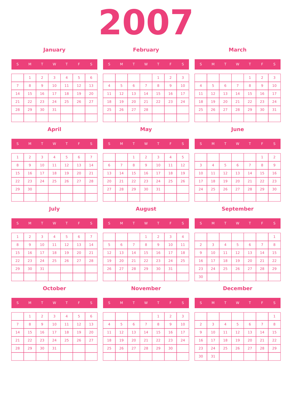Printable 2007 Year Calendars pink