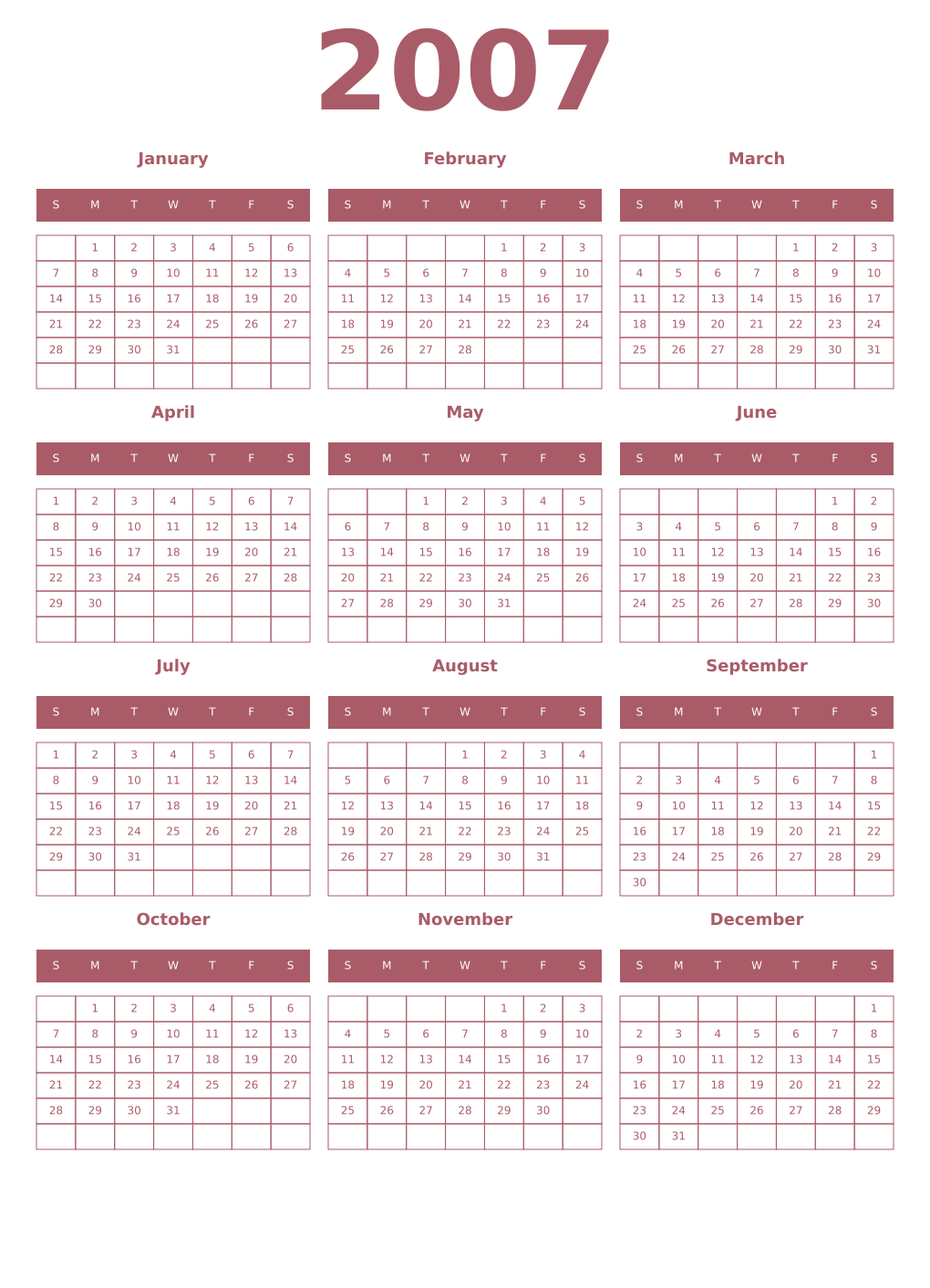 Printable 2007 Year Calendars puce