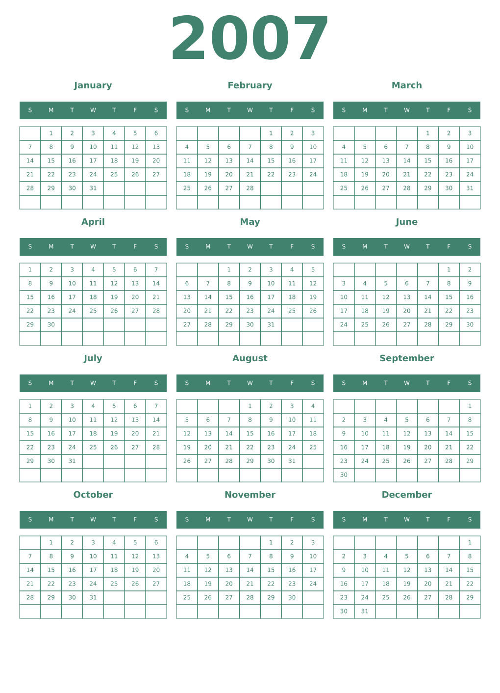 Printable 2007 Year Calendars viridian
