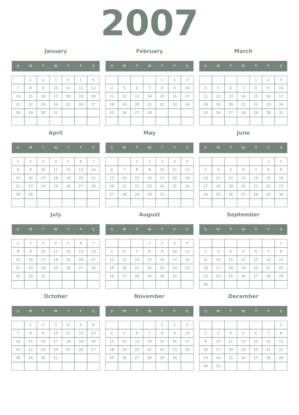Printable 2007 Year Calendars xanadu
