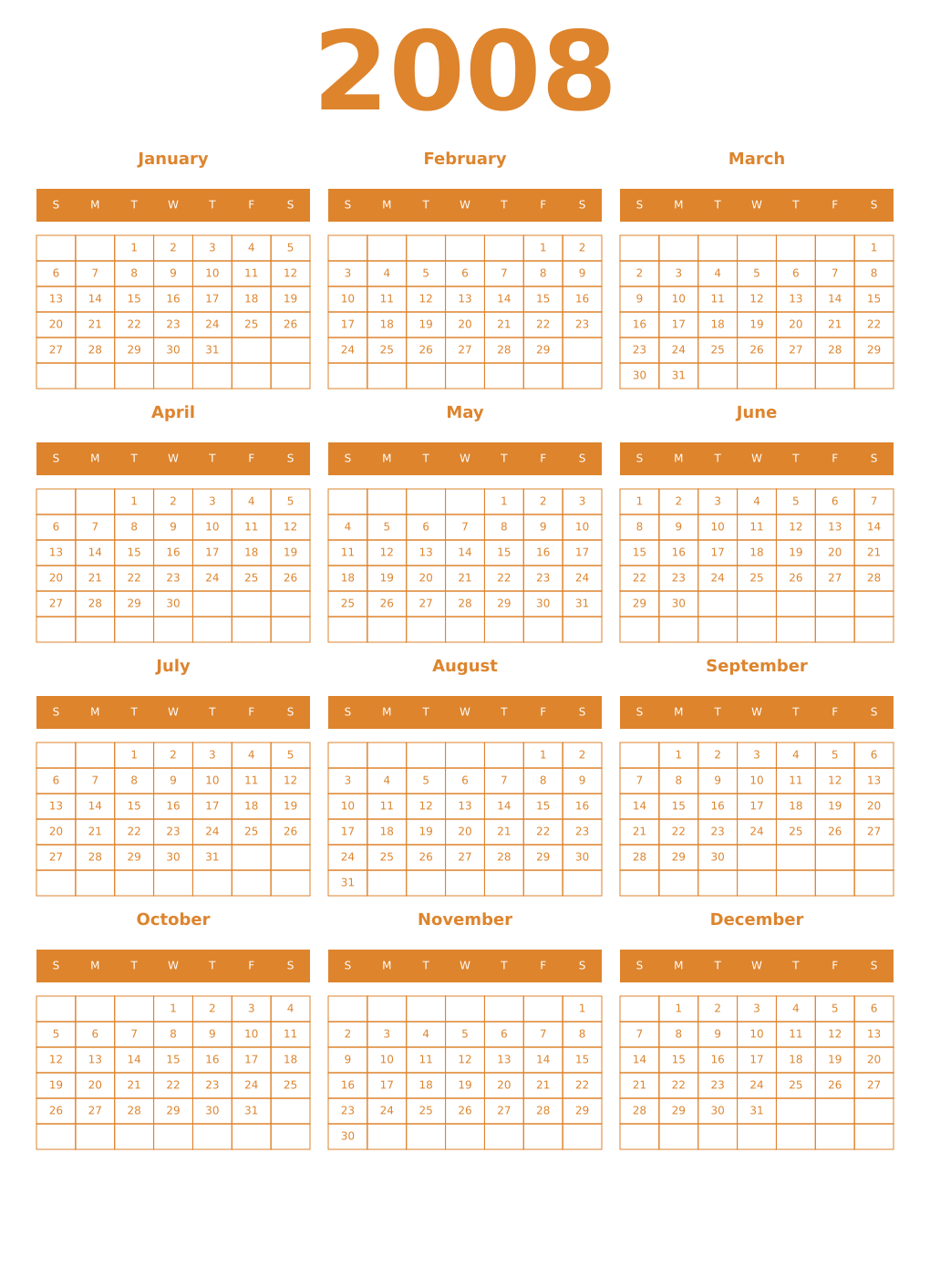 Printable 2008 Year Calendars orange