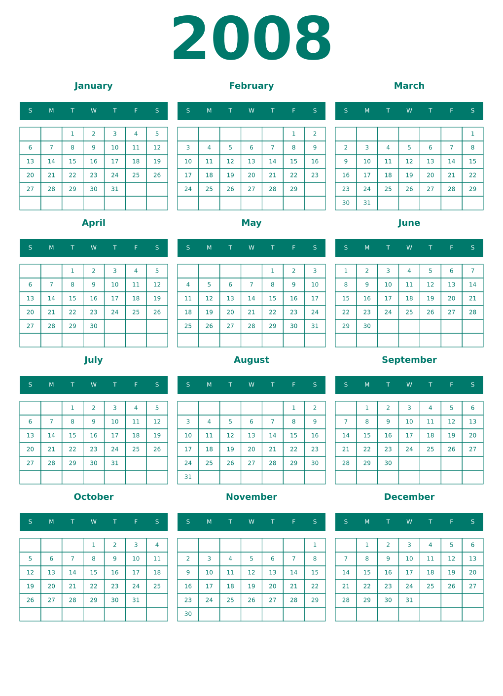 Printable 2008 Year Calendars pastel