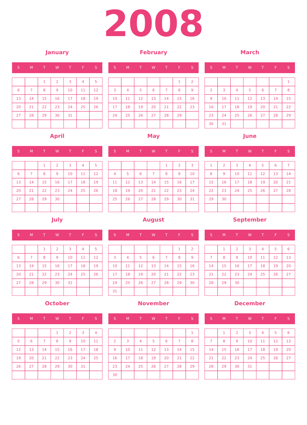 Printable 2008 Year Calendars pink