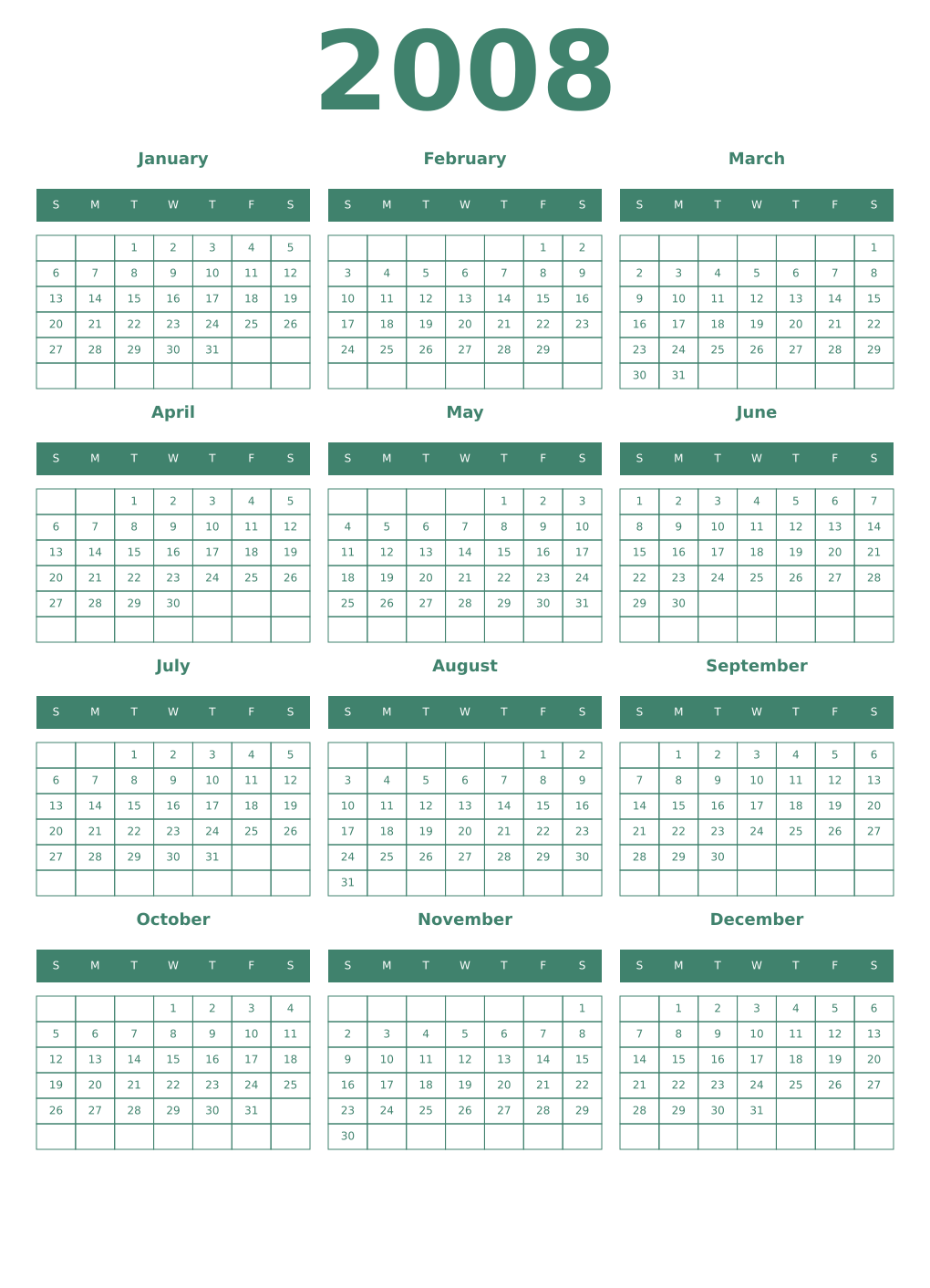 Printable 2008 Year Calendars viridian