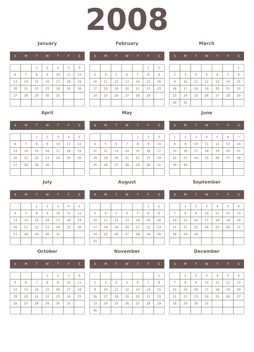 Printable 2008 Year Calendars wenge