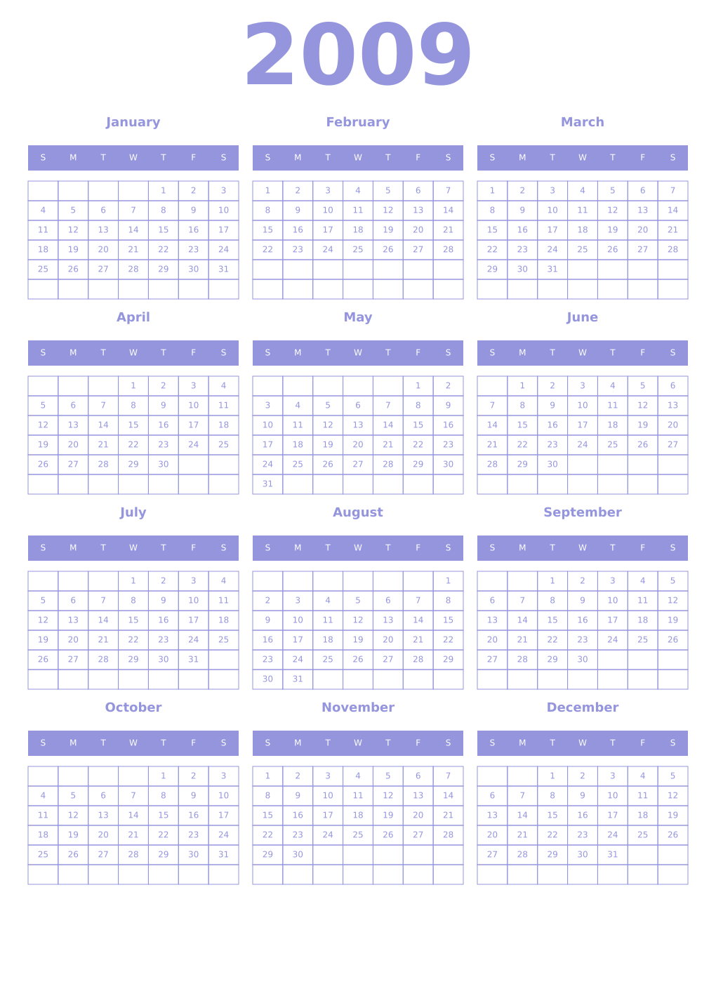 Printable 2009 Year Calendars periwinkle