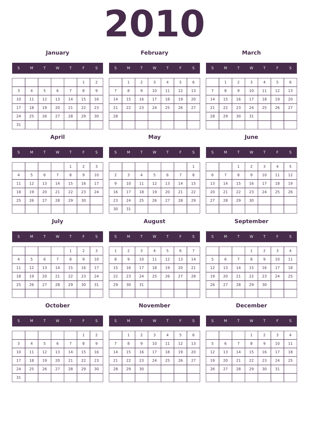 Printable 2010 Year Calendars aubergine