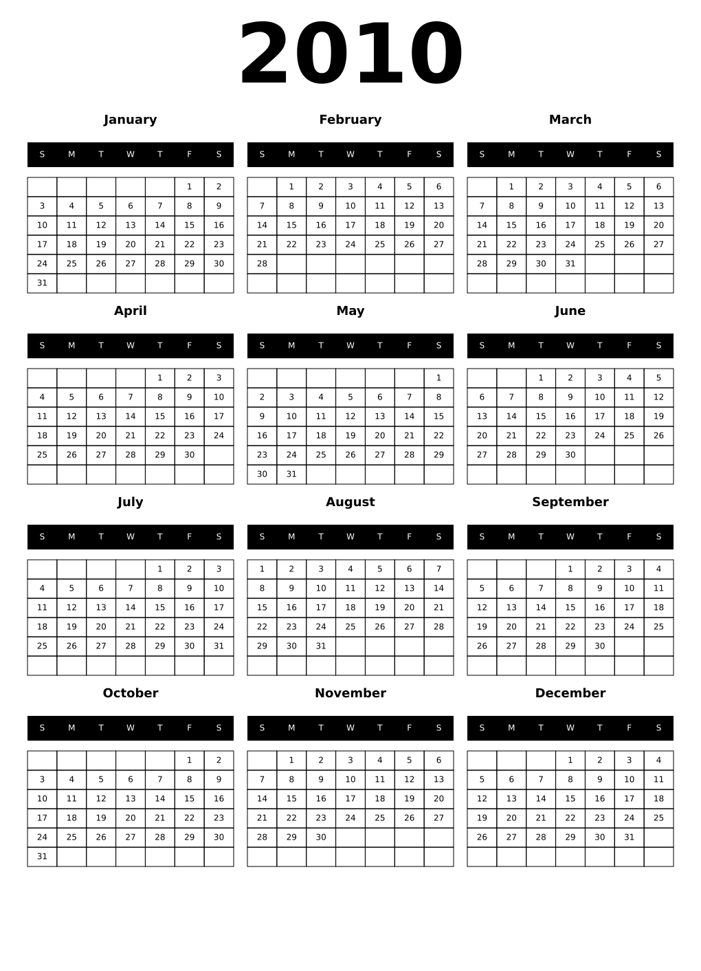 Printable 2010 Year Calendars black