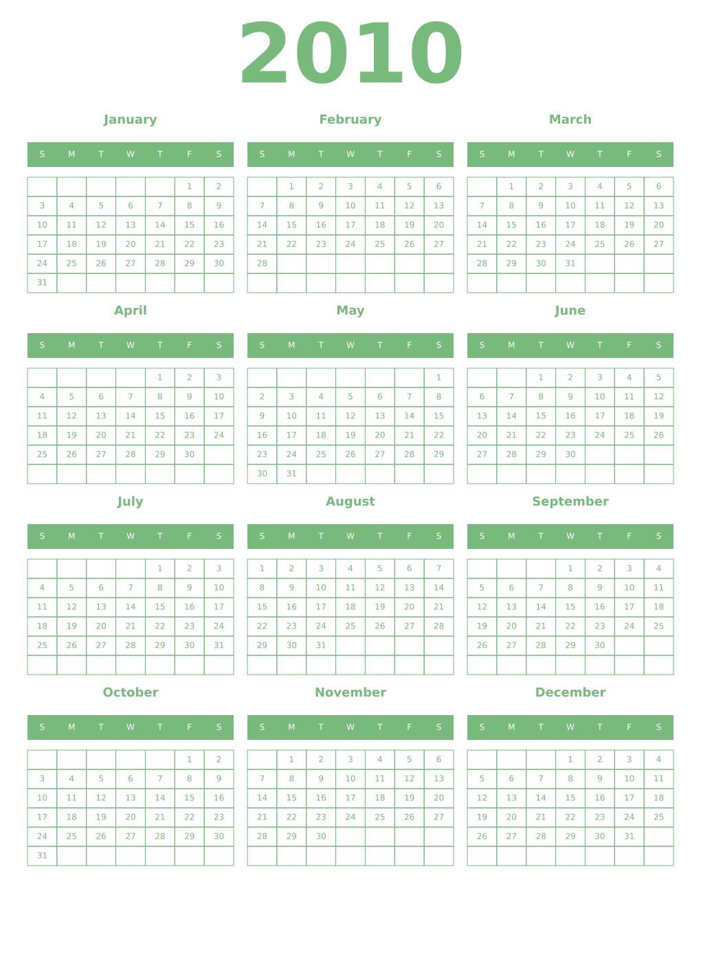 Printable 2010 Year Calendars celadon