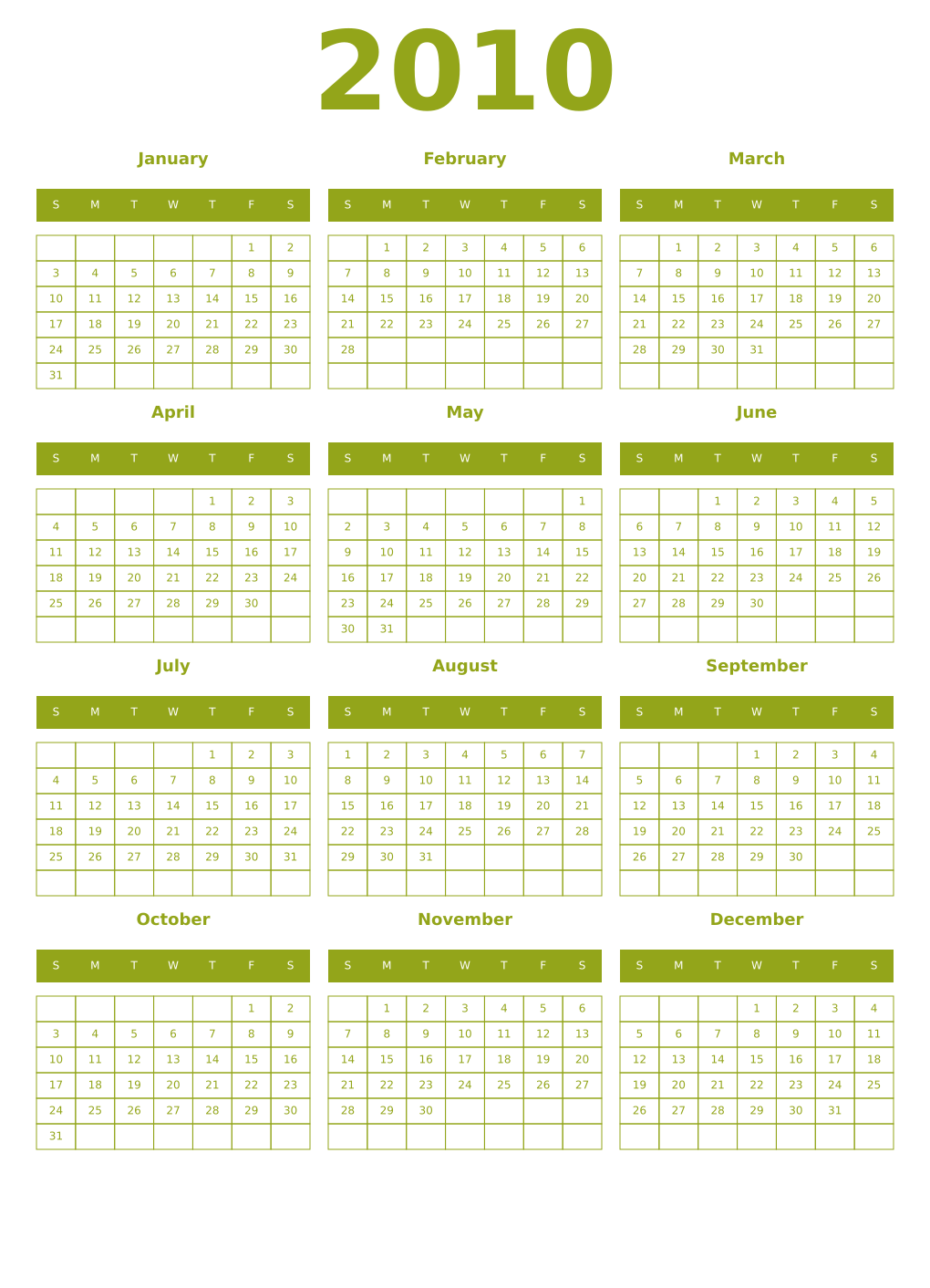 Printable 2010 Year Calendars chartreuse