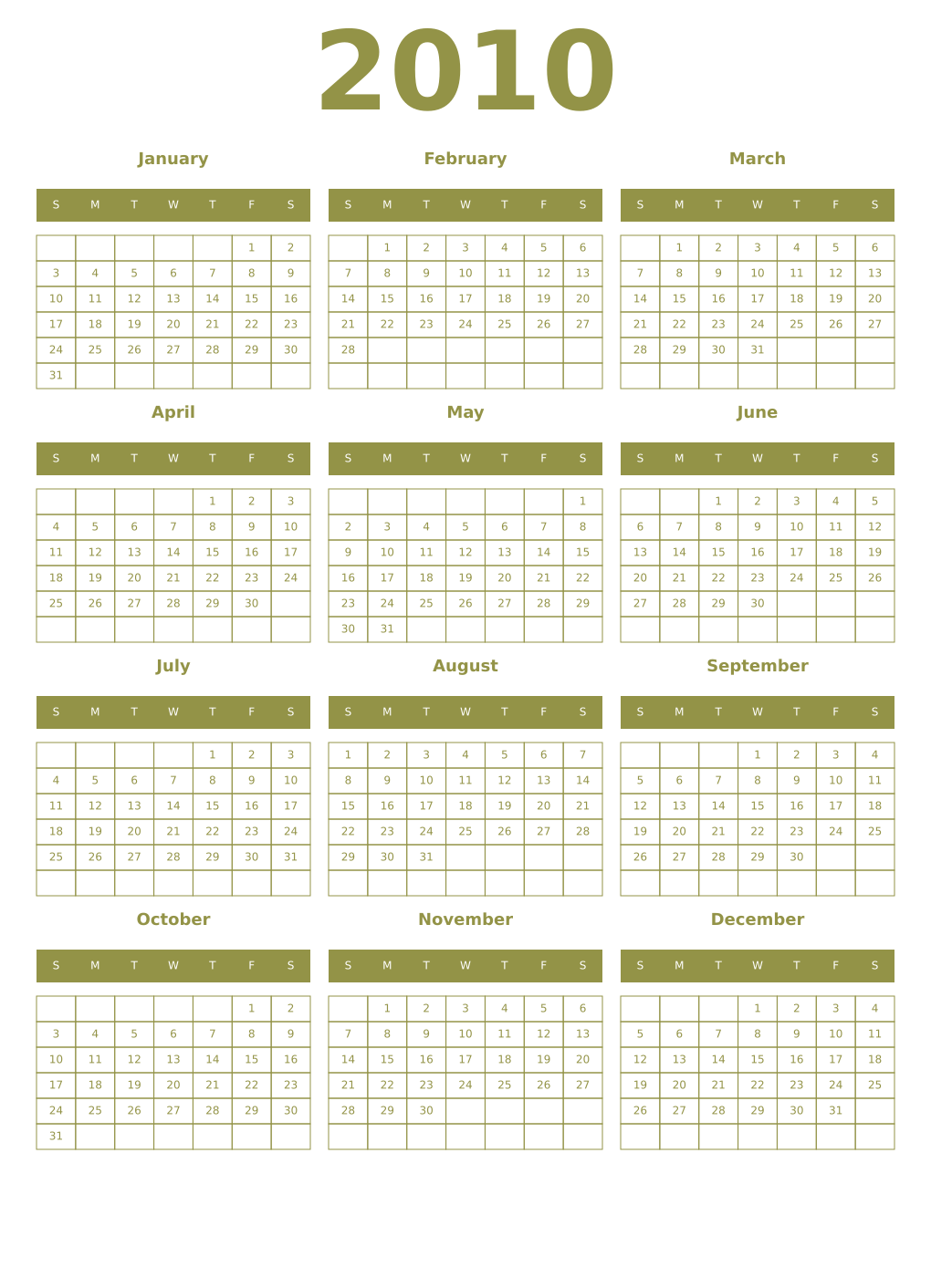 Printable 2010 Year Calendars eburnean