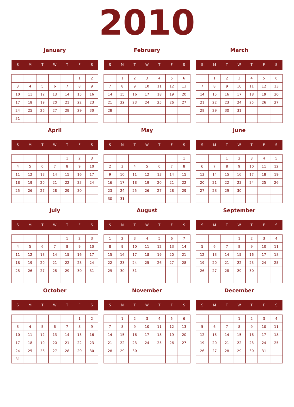 Printable 2010 Year Calendars falu