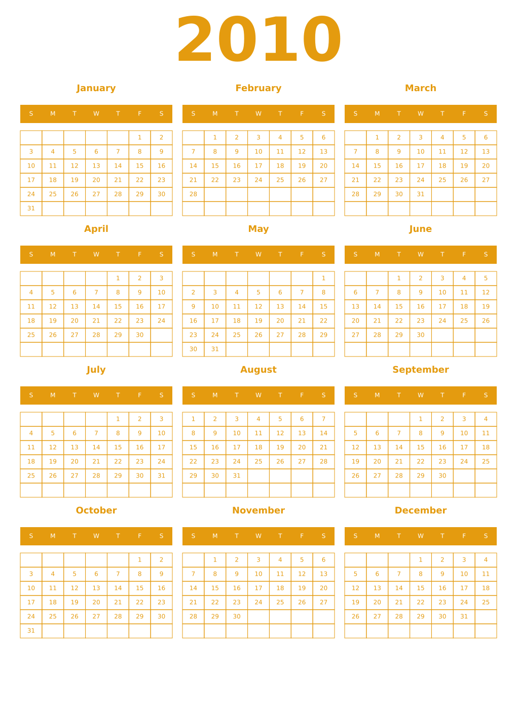 Printable 2010 Year Calendars gamboge