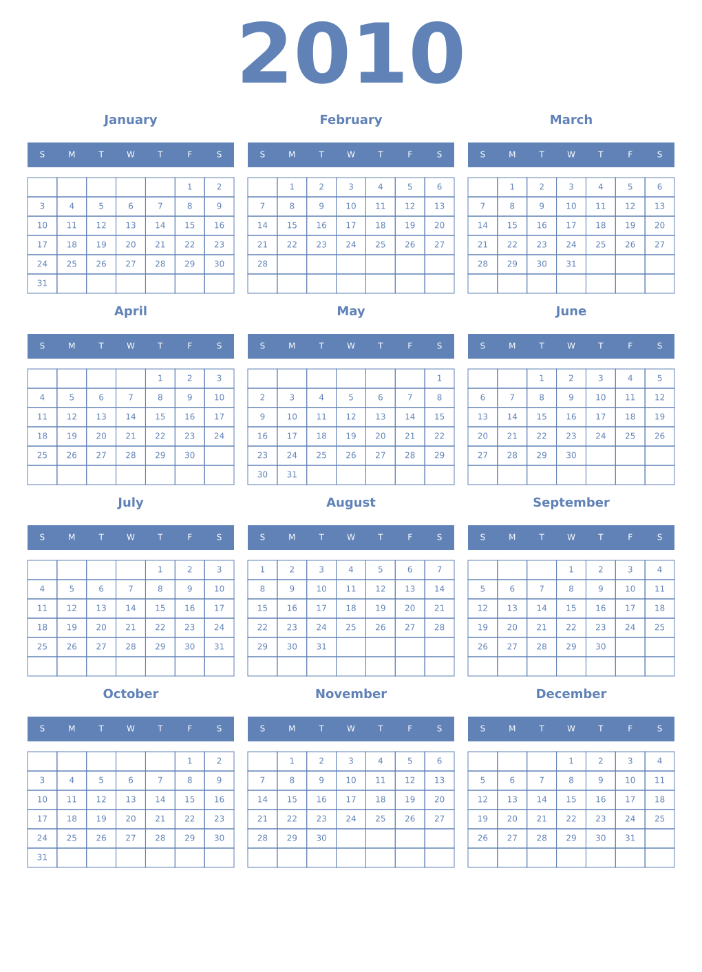 Printable 2010 Year Calendars glaucous