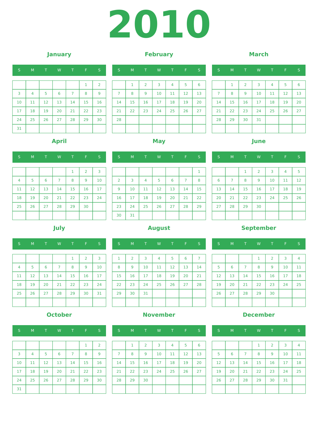 Printable 2010 Year Calendars green