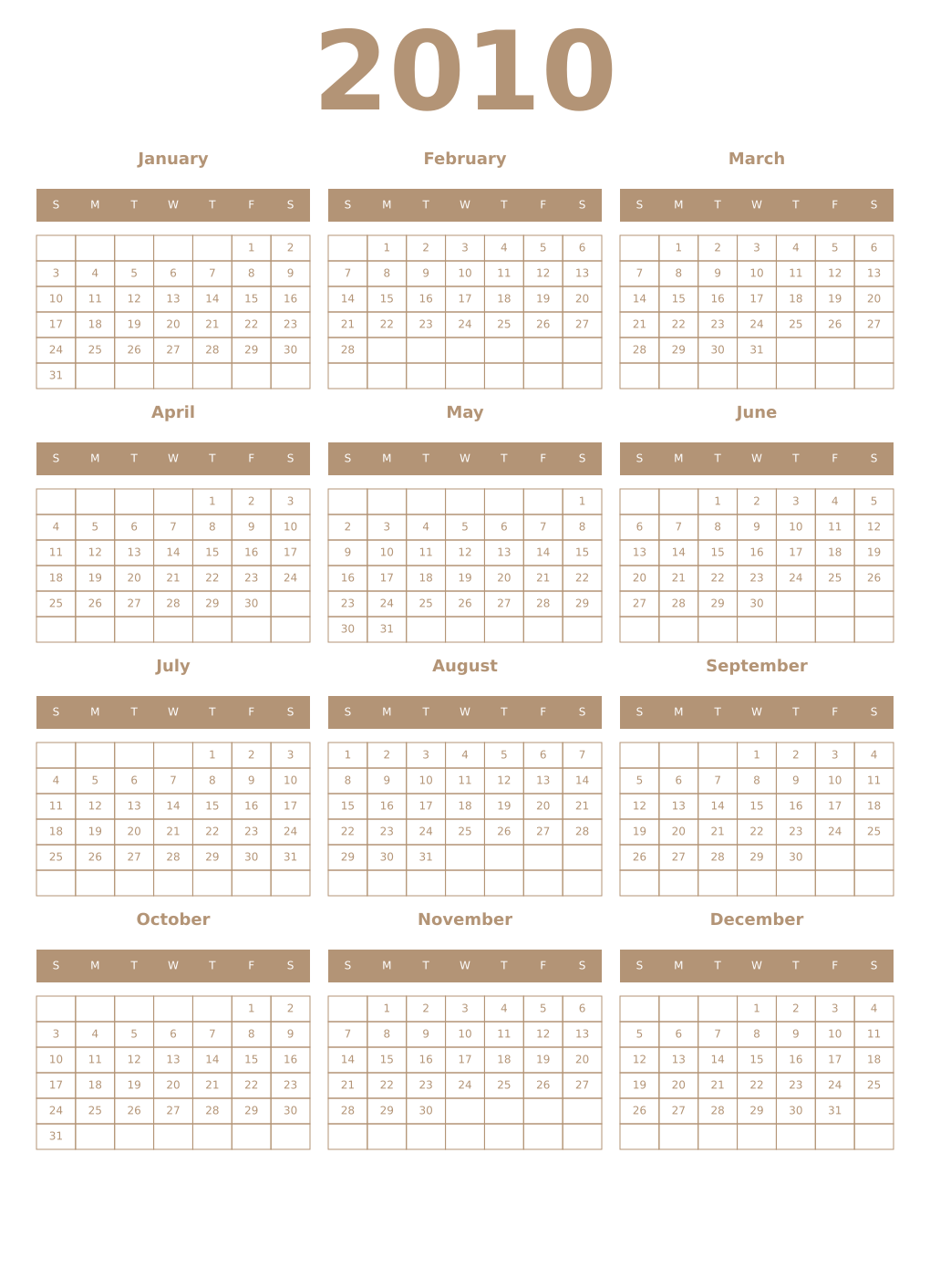 Printable 2010 Year Calendars isabelline