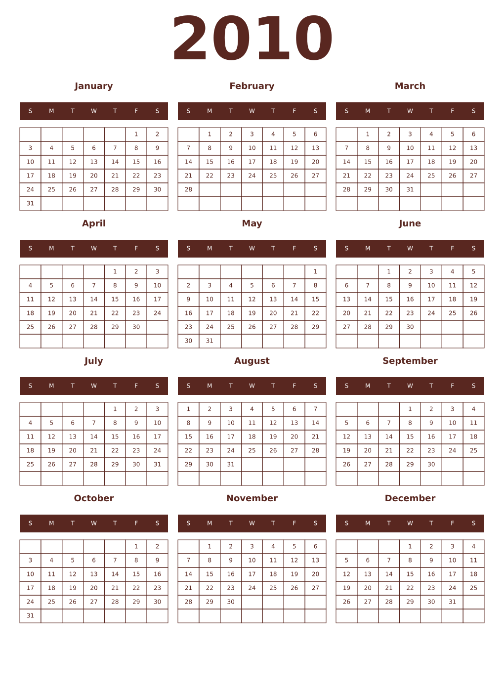 Printable 2010 Year Calendars mortuum