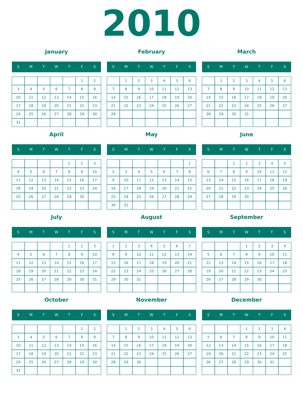 Printable 2010 Year Calendars pastel