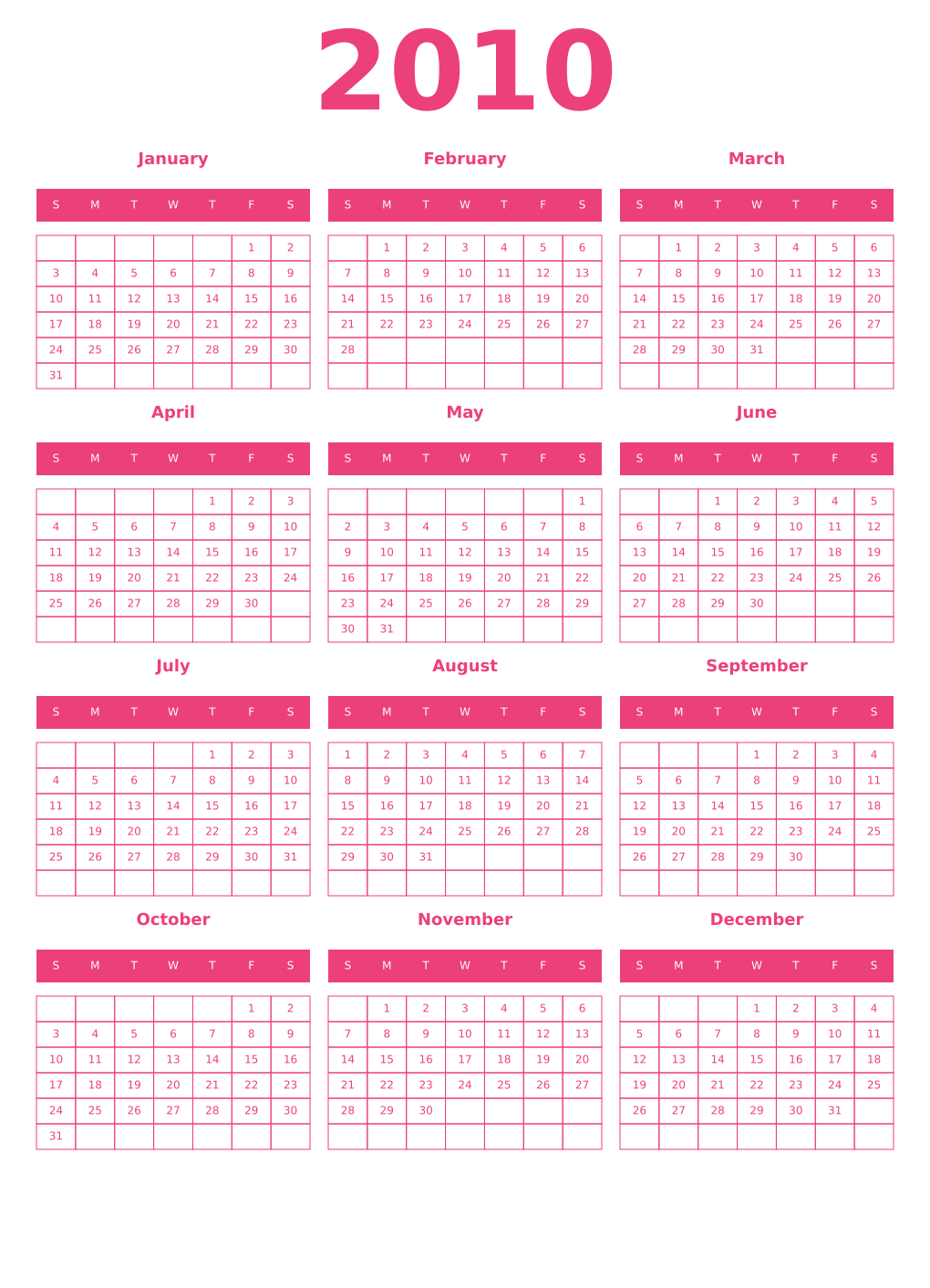 Printable 2010 Year Calendars pink