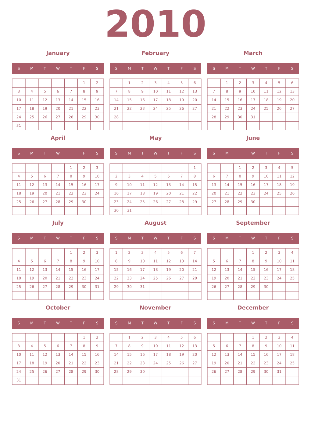 Printable 2010 Year Calendars puce