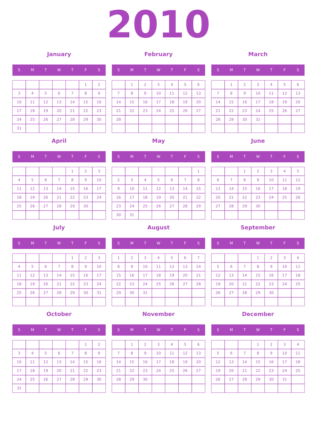Printable 2010 Year Calendars purple