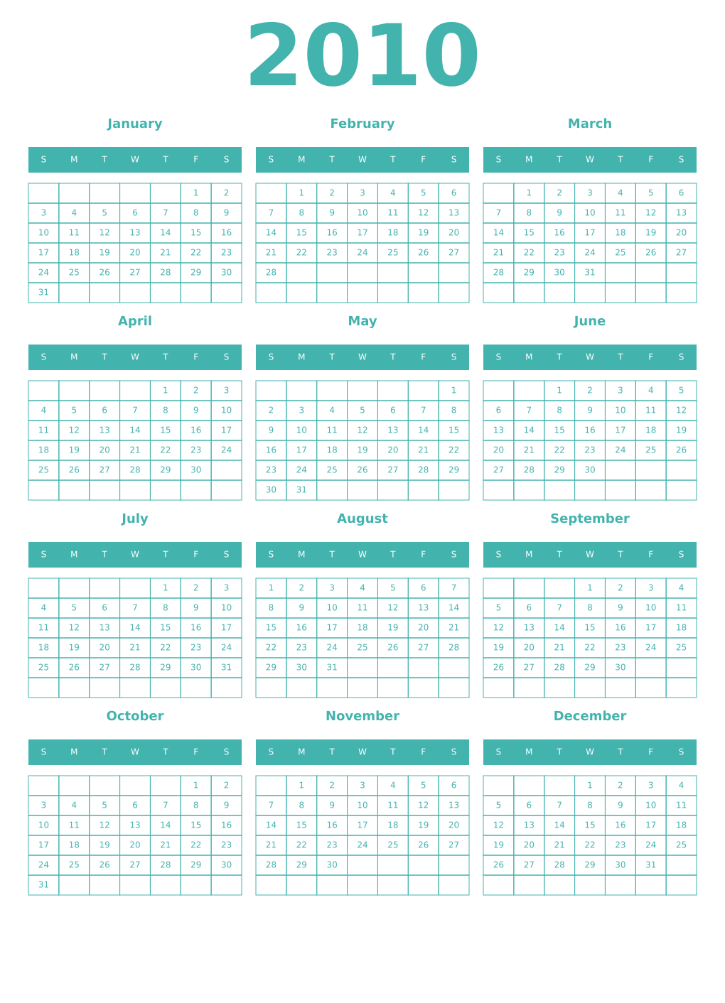Printable 2010 Year Calendars verdigris