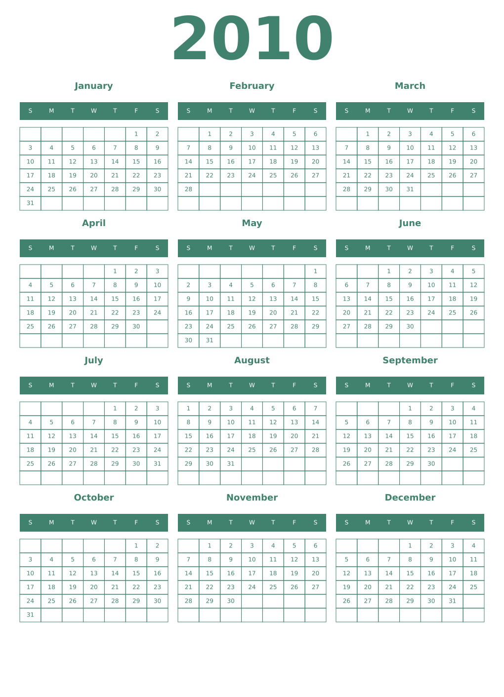 Printable 2010 Year Calendars viridian