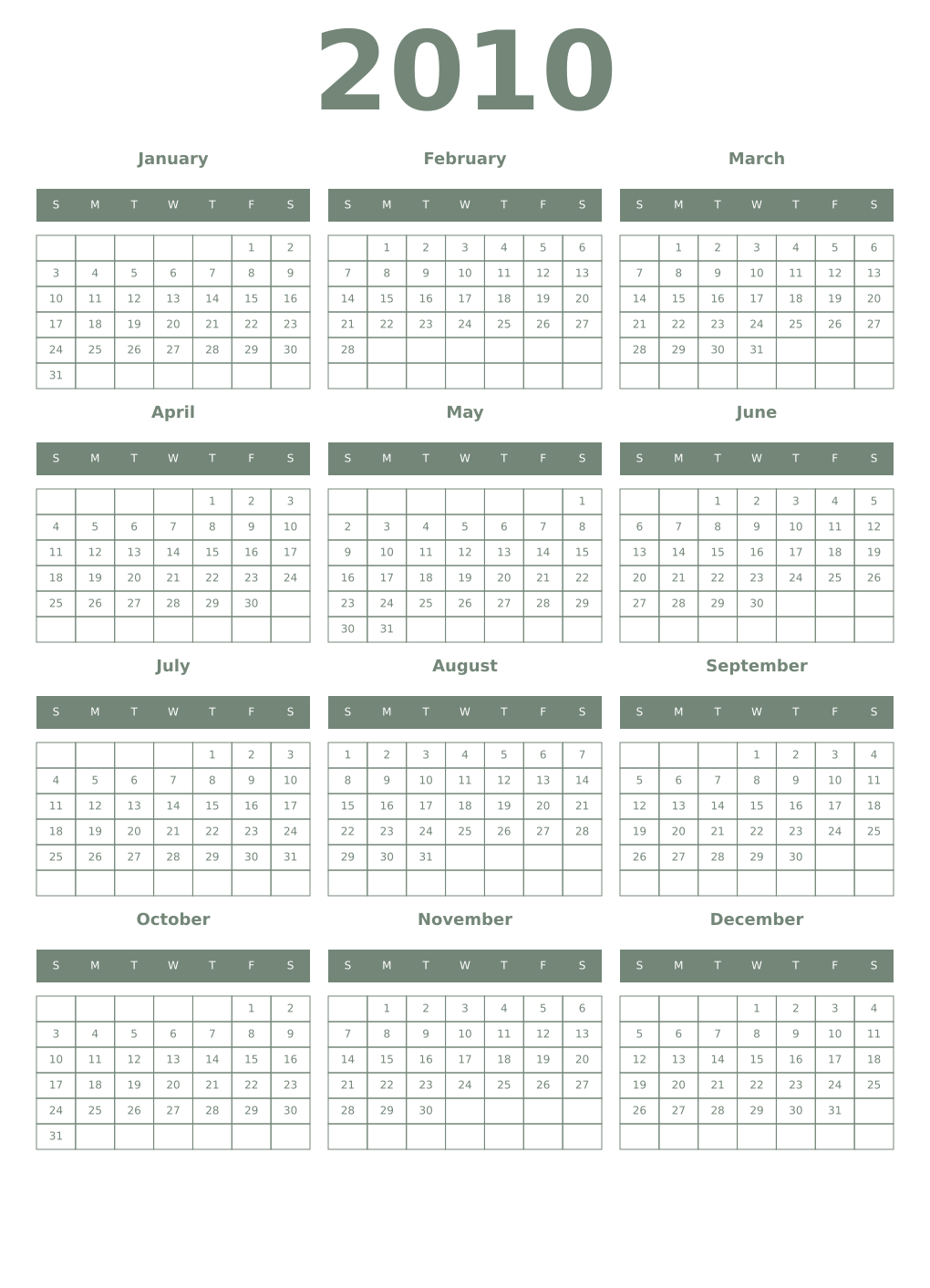 Printable 2010 Year Calendars xanadu