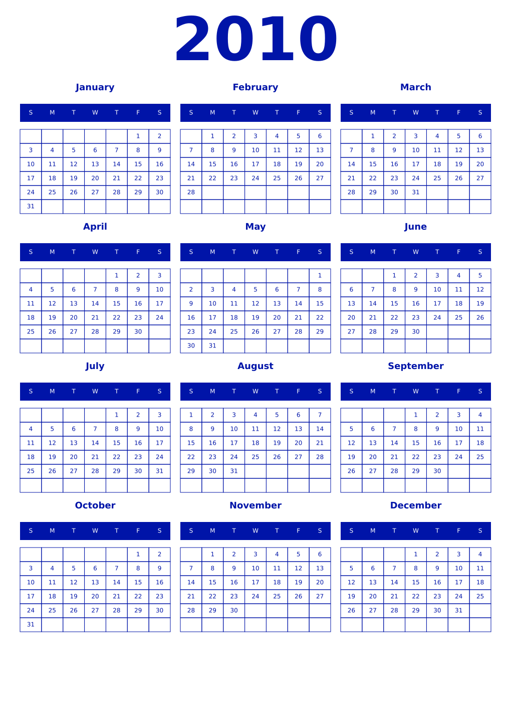 Printable 2010 Year Calendars zaffre