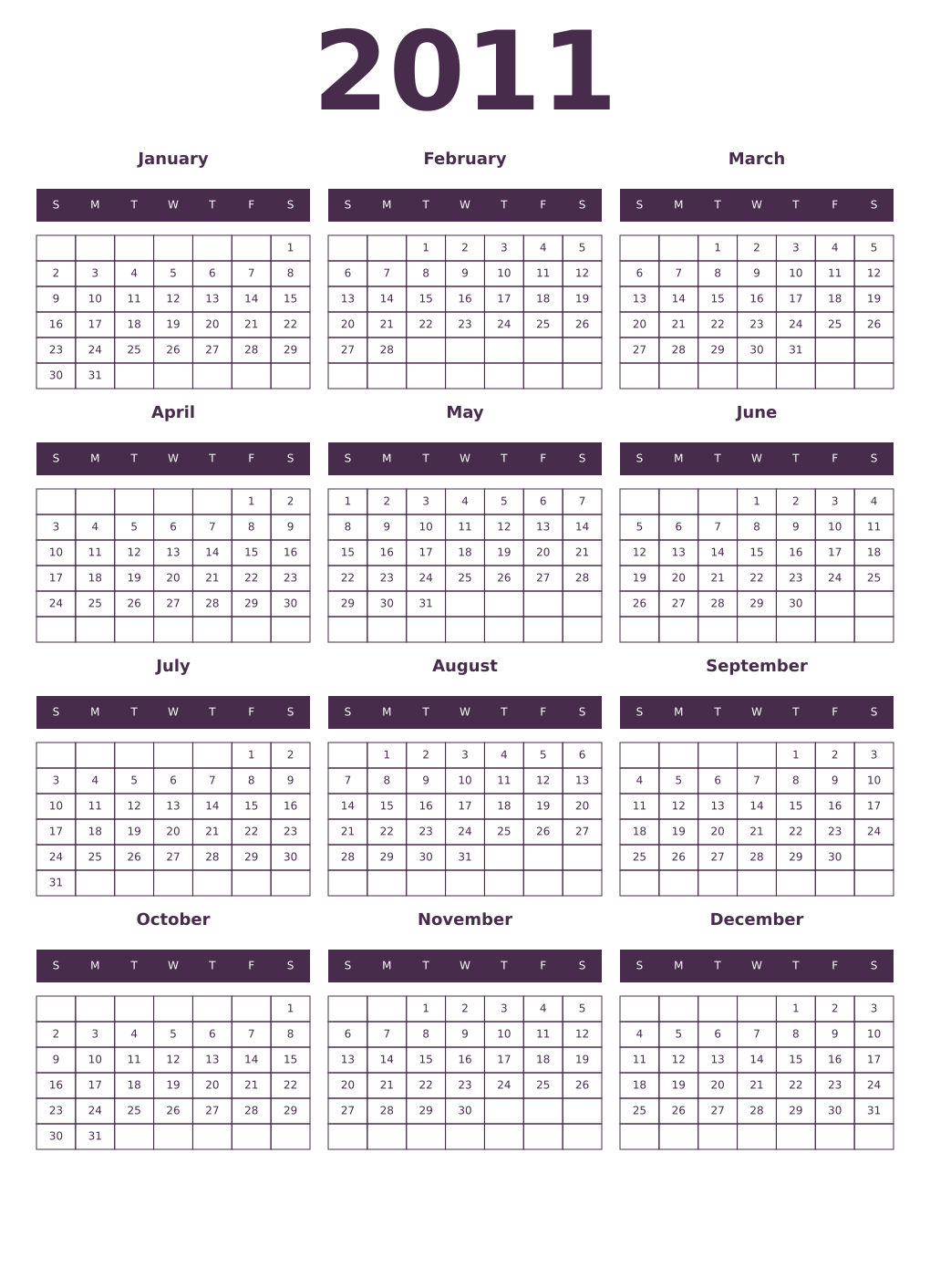 Printable 2011 Year Calendars aubergine