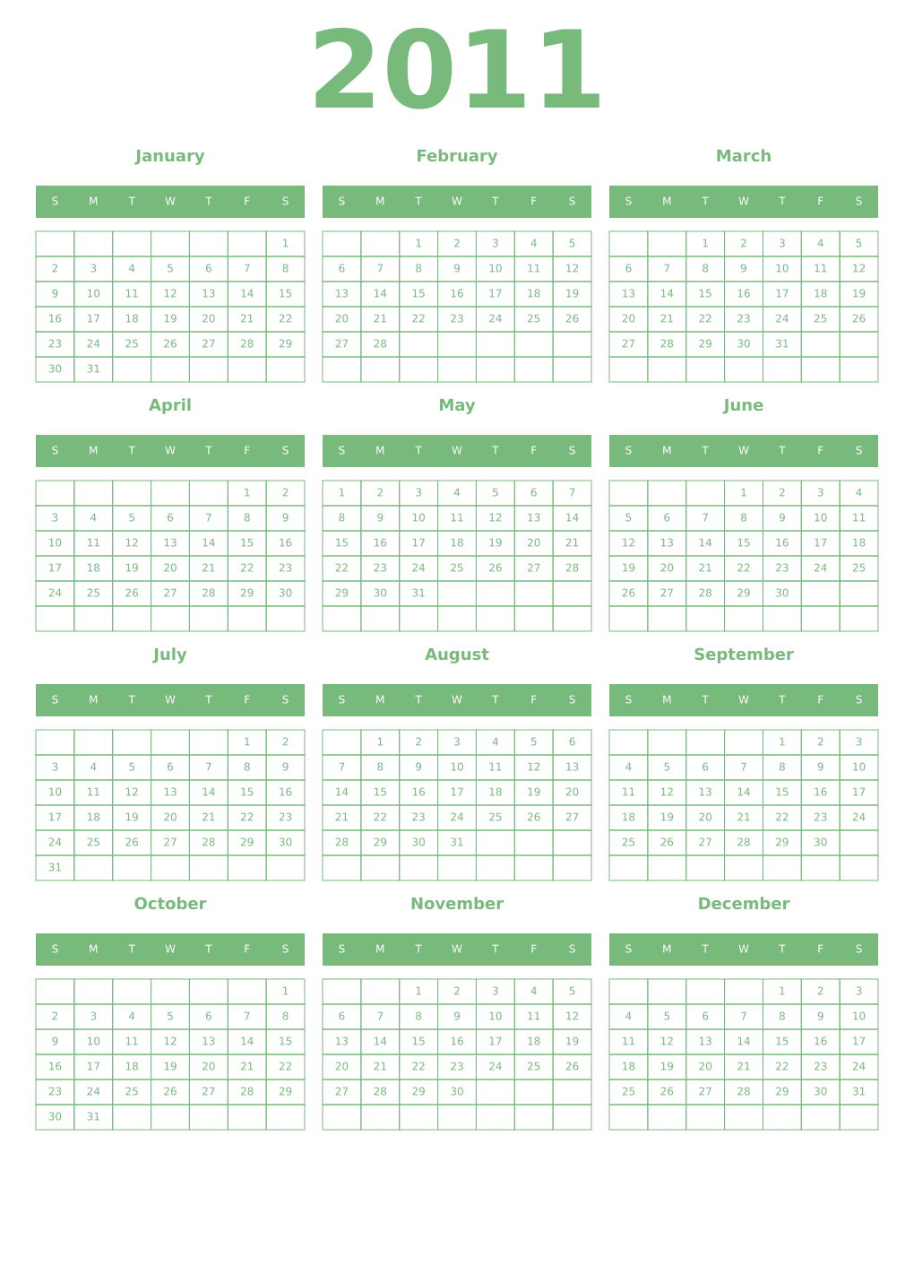 Printable 2011 Year Calendars celadon
