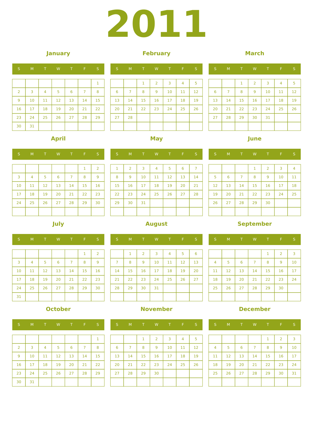 Printable 2011 Year Calendars chartreuse