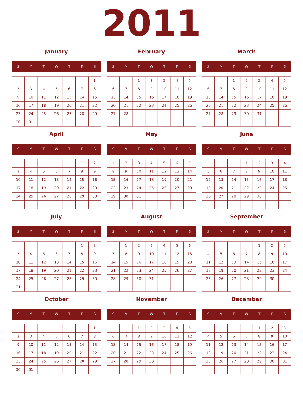 Printable 2011 Year Calendars falu