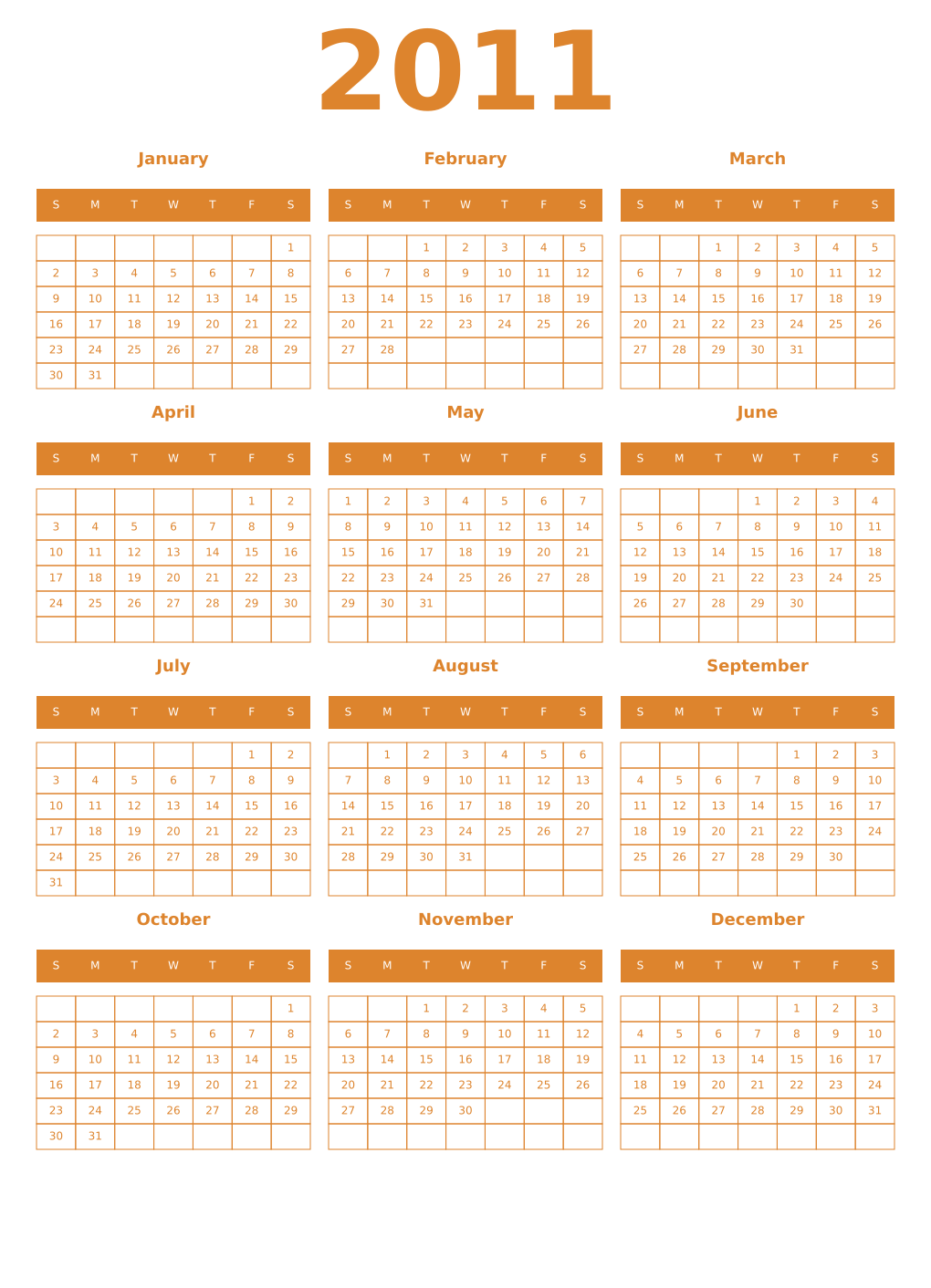 Printable 2011 Year Calendars orange