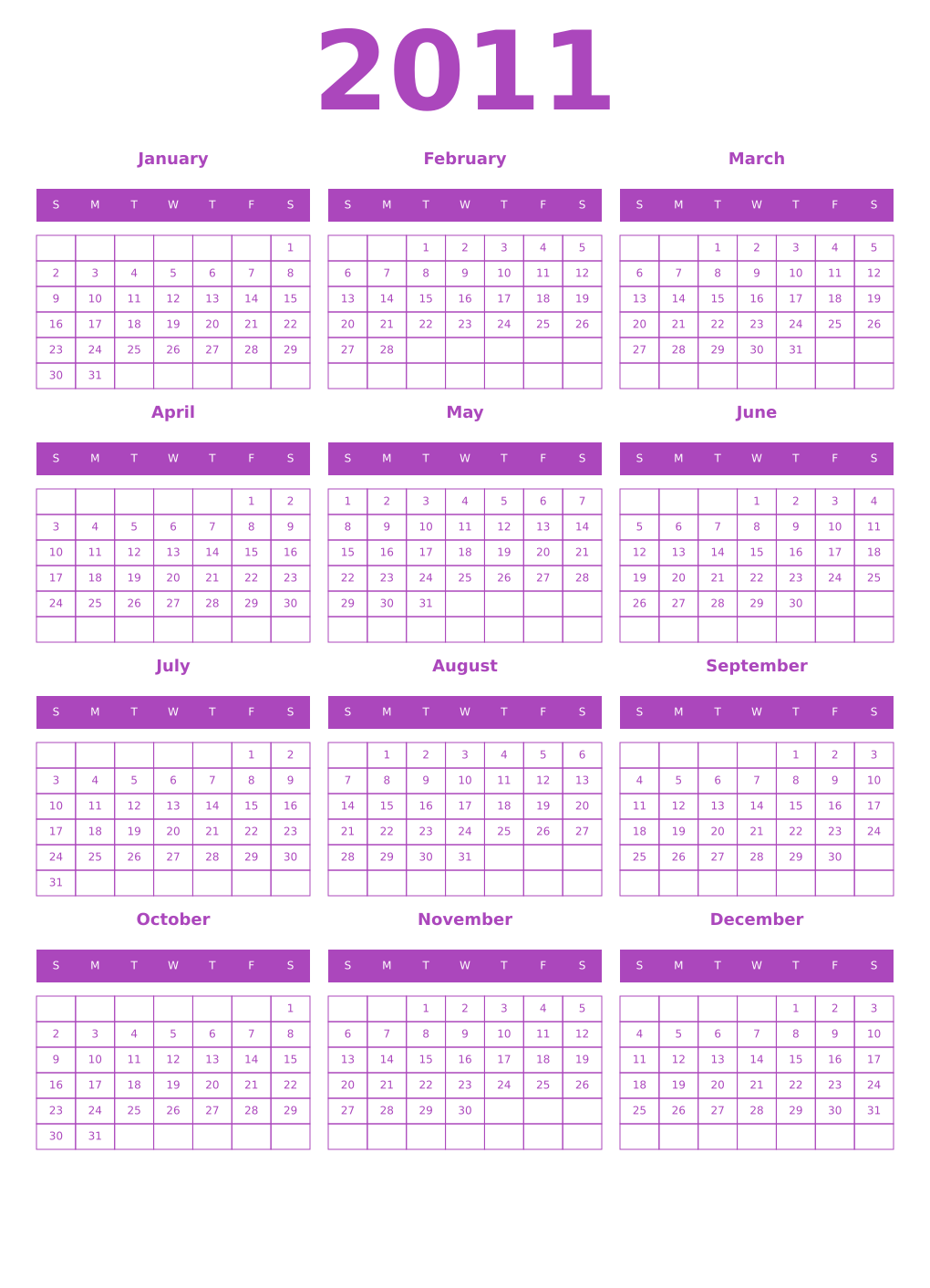 Printable 2011 Year Calendars purple