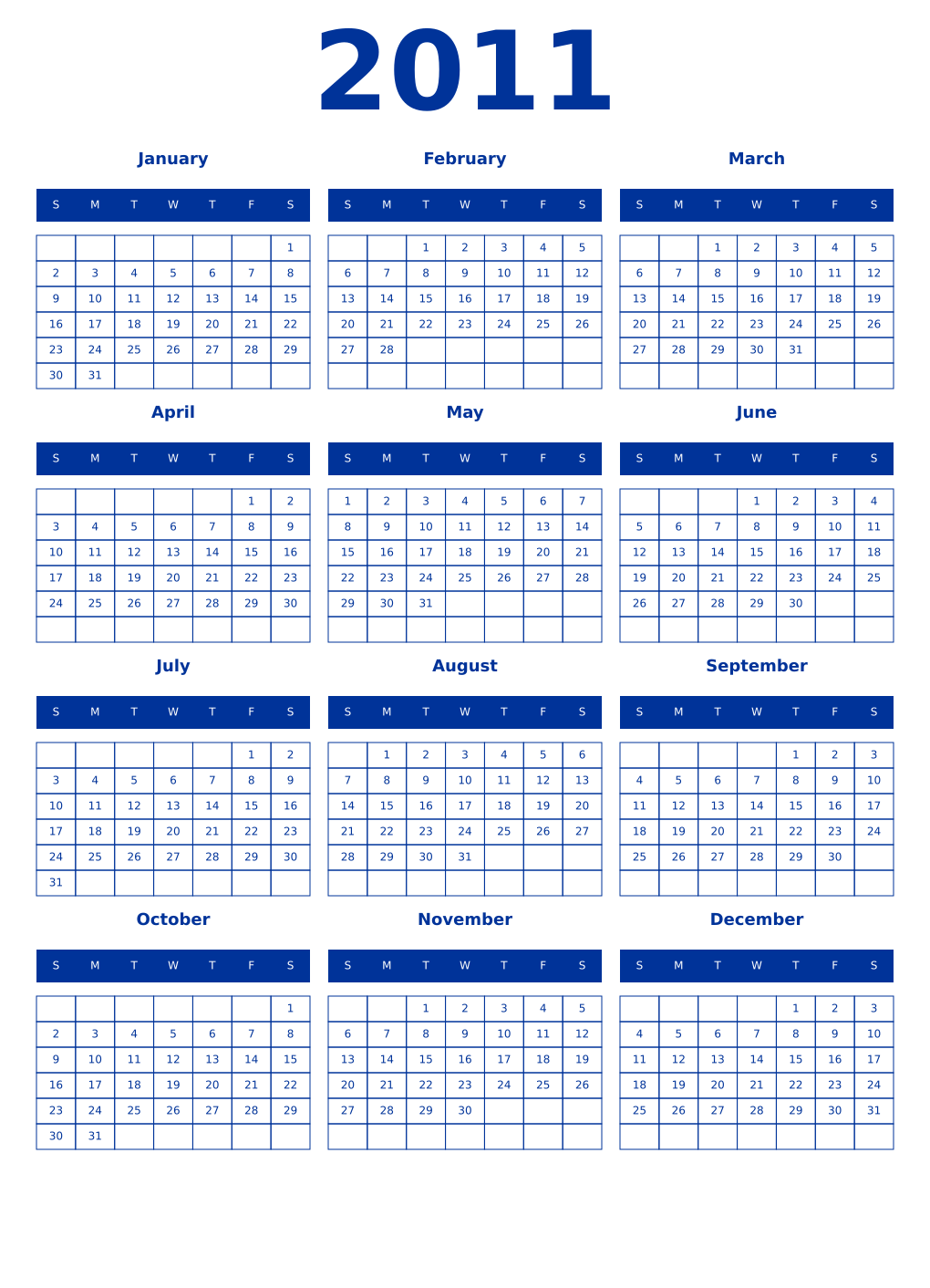 Printable 2011 Year Calendars smalt