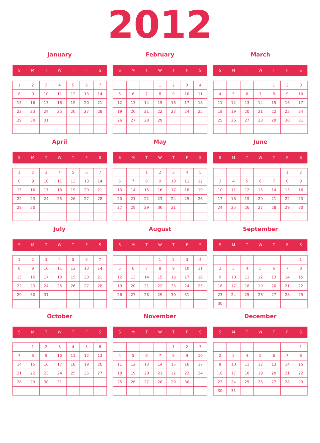 Printable 2012 Year Calendars amaranth