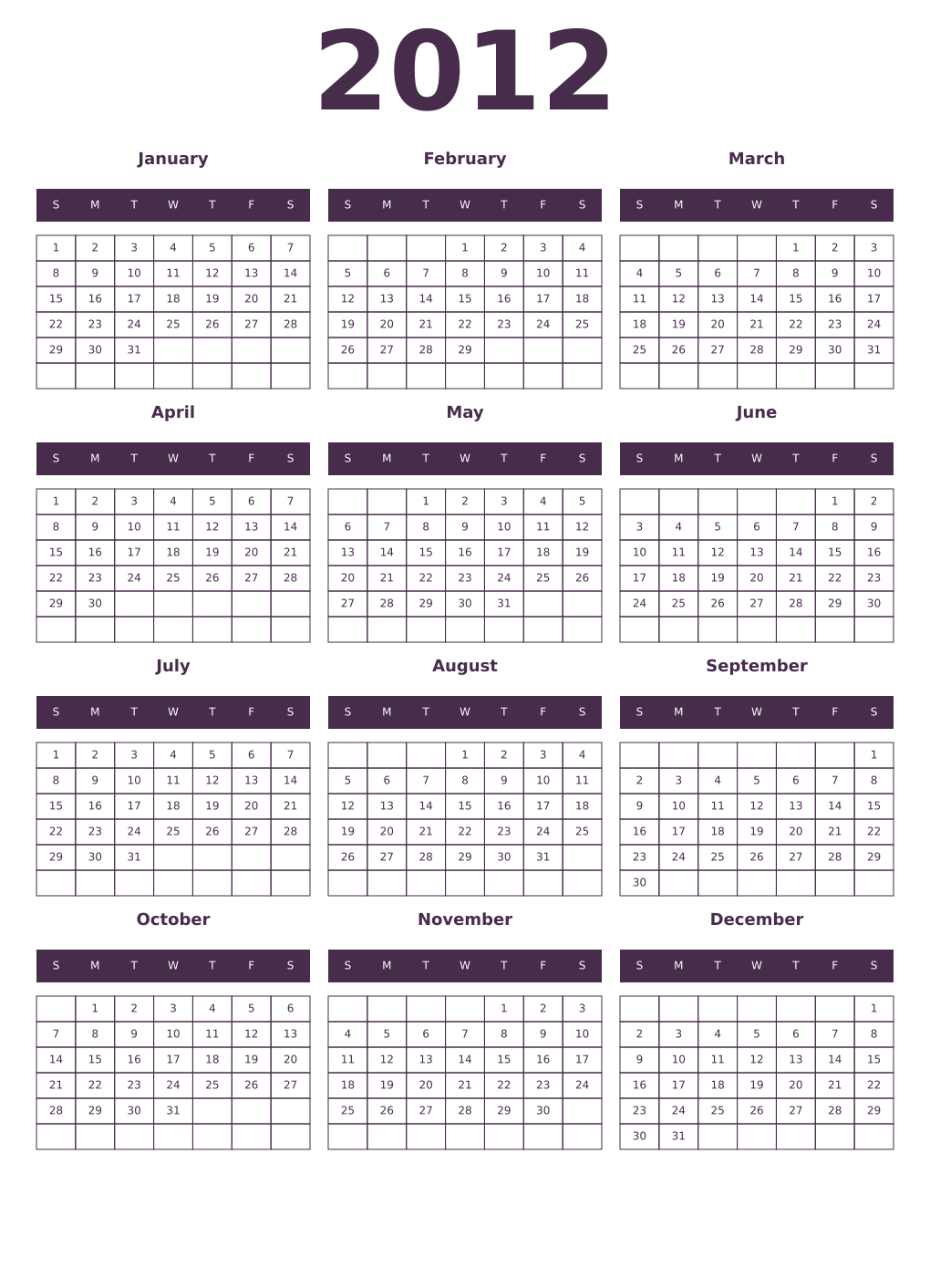 Printable 2012 Year Calendars aubergine
