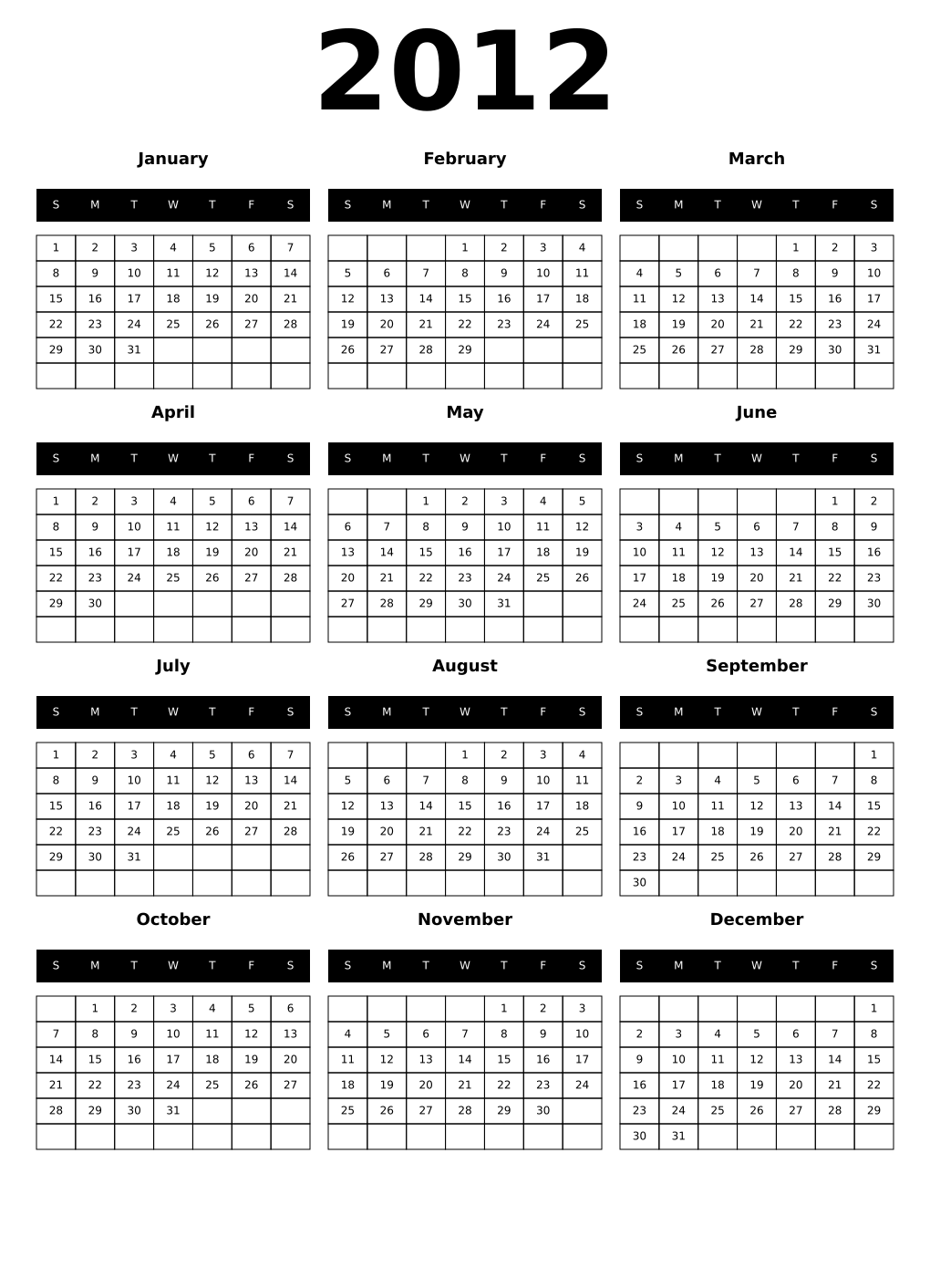 Printable 2012 Year Calendars black