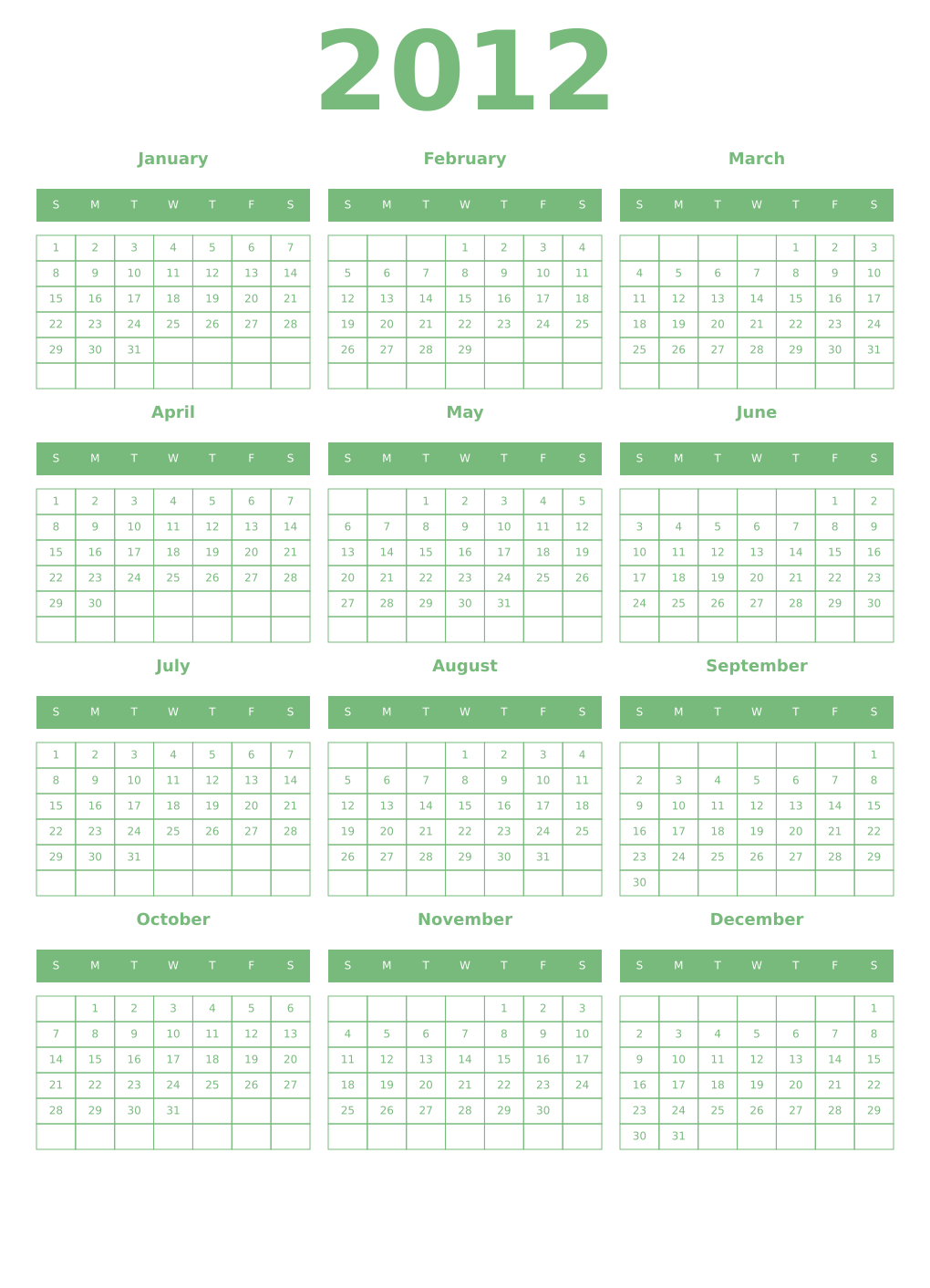 Printable 2012 Year Calendars celadon