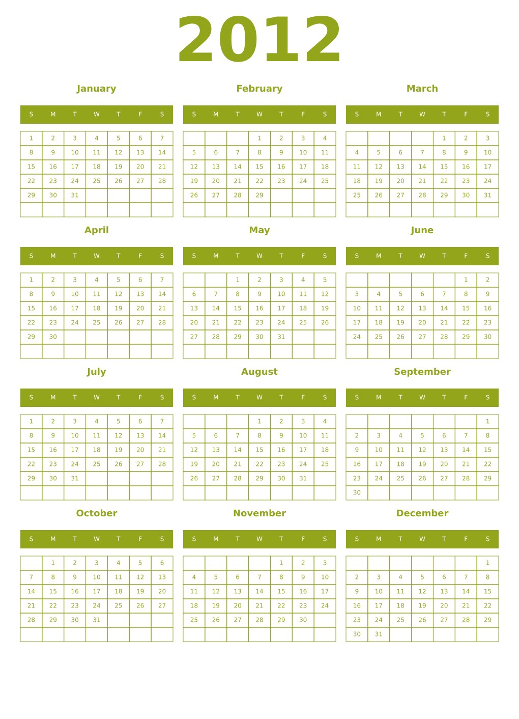 Printable 2012 Year Calendars chartreuse