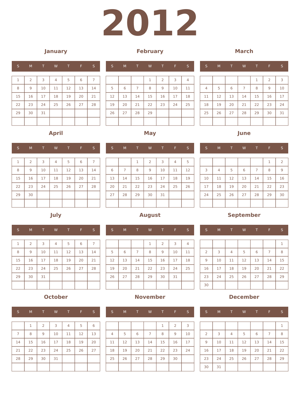 Printable 2012 Year Calendars coffe