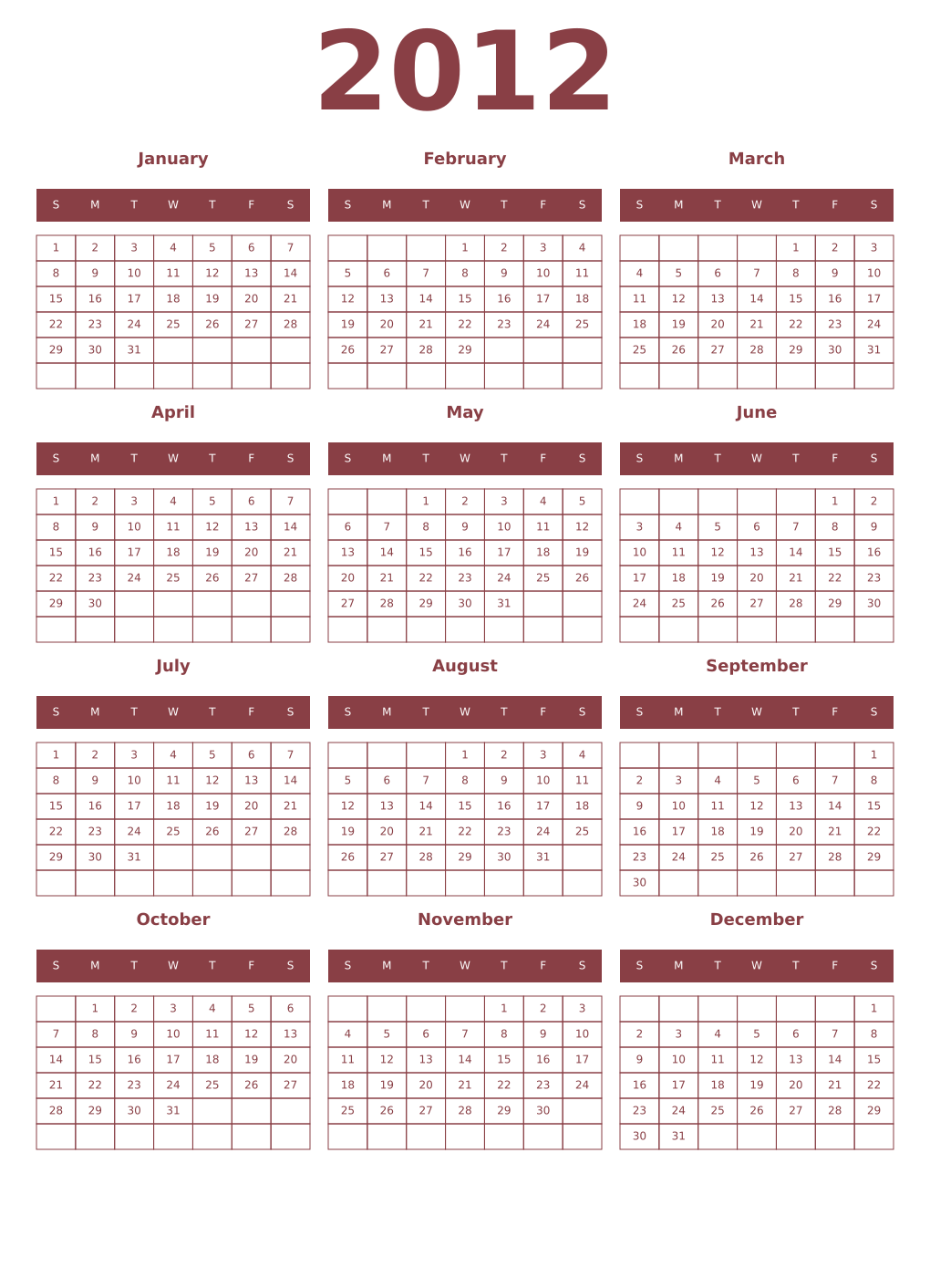Printable 2012 Year Calendars cordovan