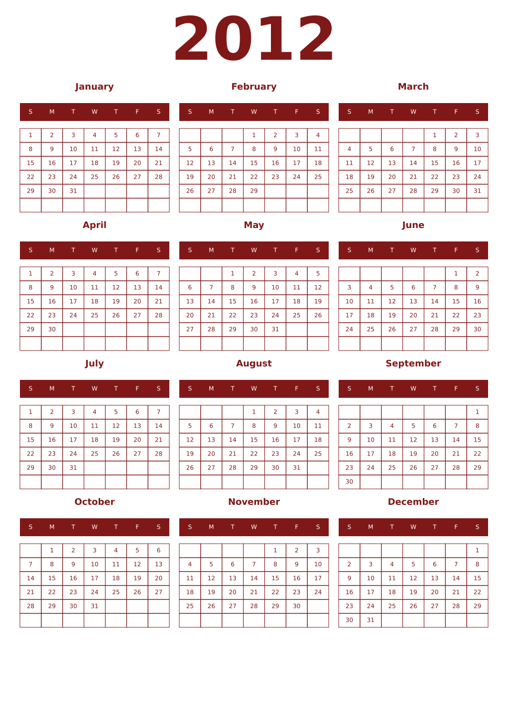 Printable 2012 Year Calendars falu