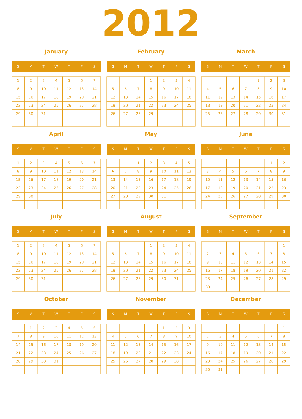 Printable 2012 Year Calendars gamboge