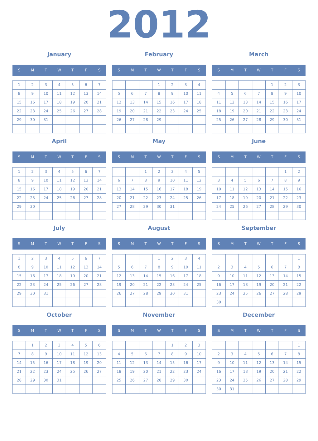 Printable 2012 Year Calendars glaucous
