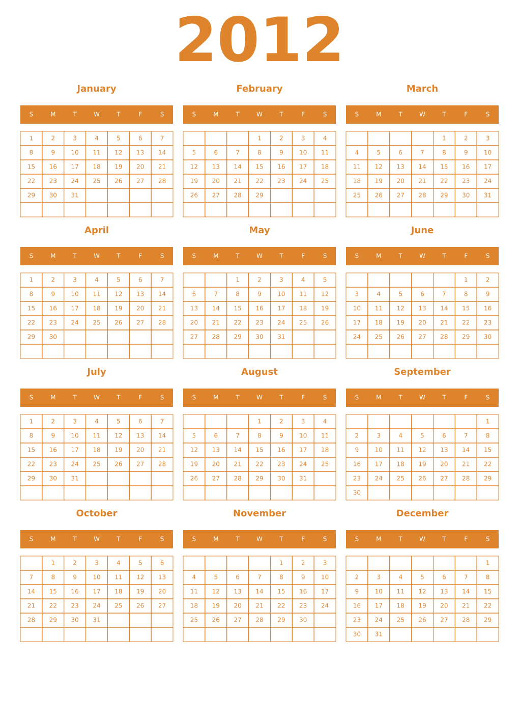 Printable 2012 Year Calendars orange