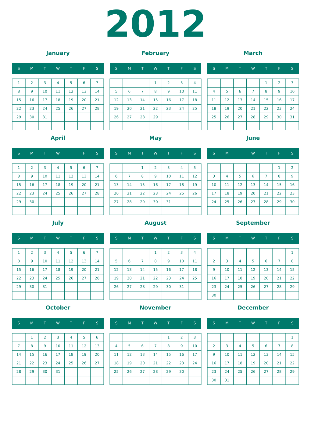 Printable 2012 Year Calendars pastel
